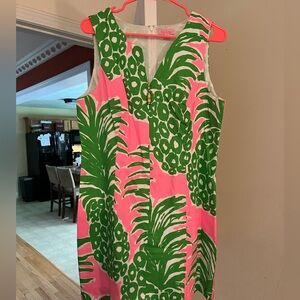 Lilly Pulitzer Dress Pink Green Cotton Pineapple V-Neck Sleeveless Sheath Mini